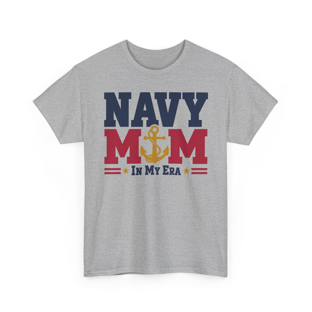 Light gray T-shirt with NAVY MOM in my era patriotic anchor graphic