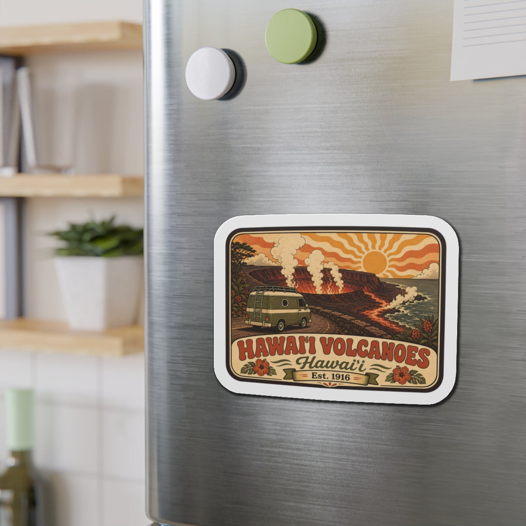 Hawaii Volcanoes themed retro illustration magnet on brushed metal refrigerator door
