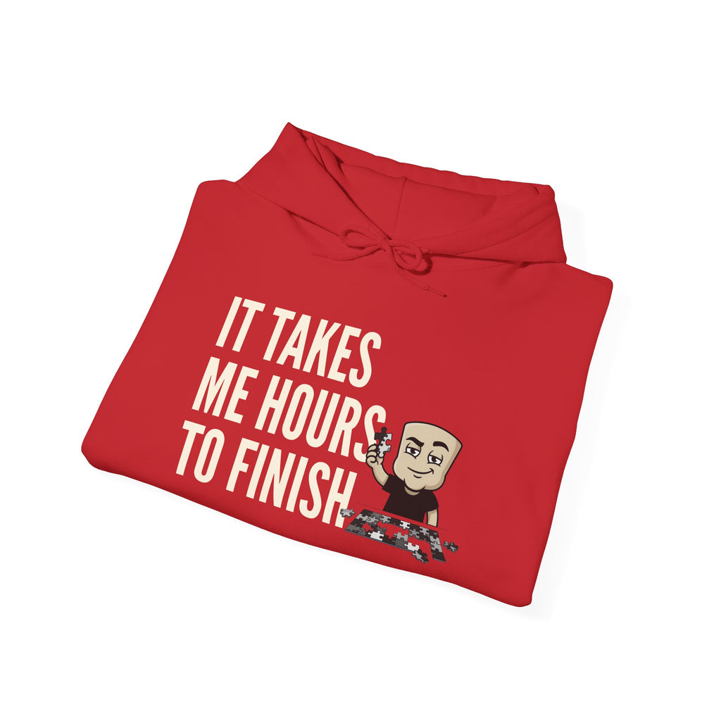 Red hoodie with "It takes me hours to finish" chess graphic