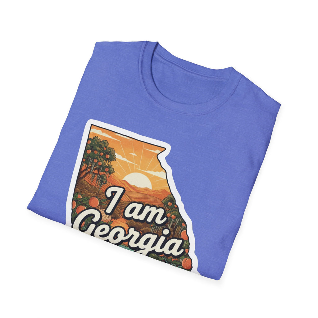 I Am Georgia T-shirt in heather blue with “I am Georgia” map graphic illustration
