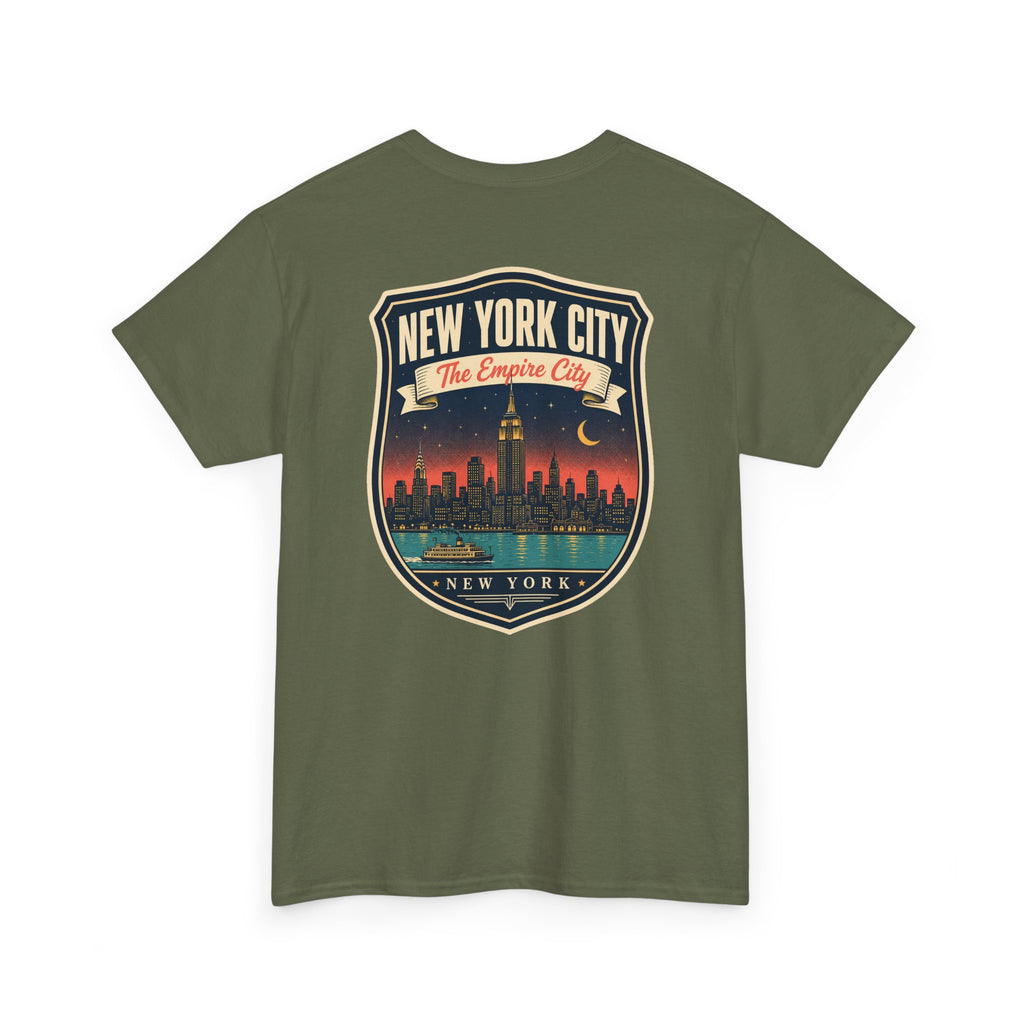 Military green T-shirt with New York City skyline badge graphic