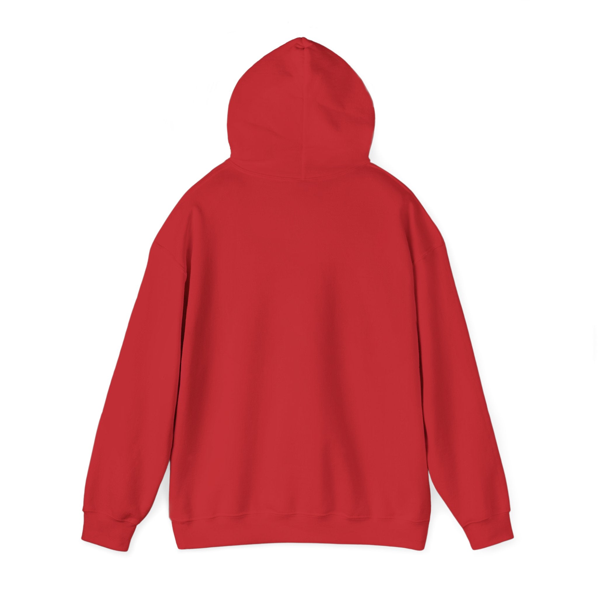 Red adult hoodie with drawstring hood, plain back view