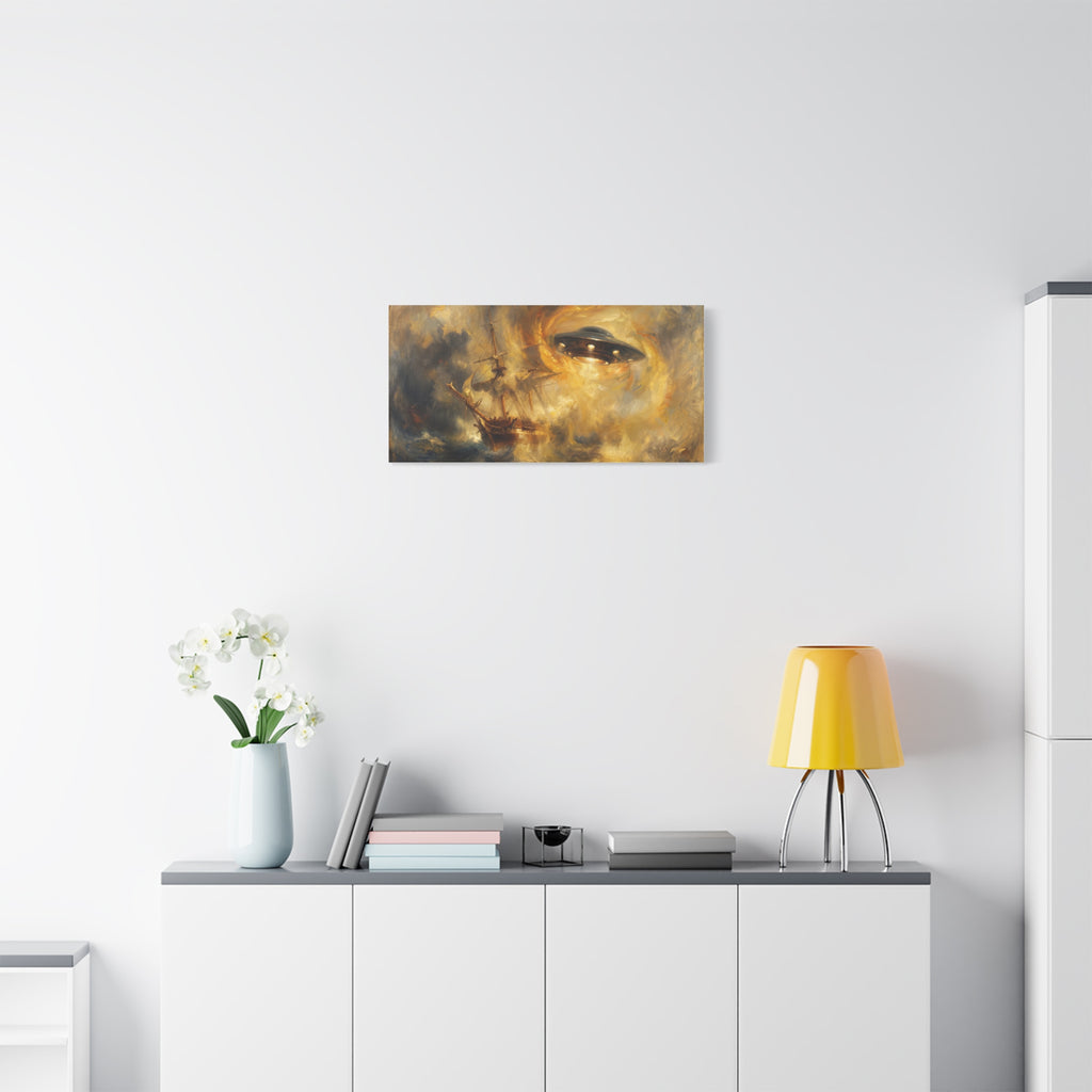 Small rectangular canvas wall art showing a UFO over a stormy galleon in dark amber