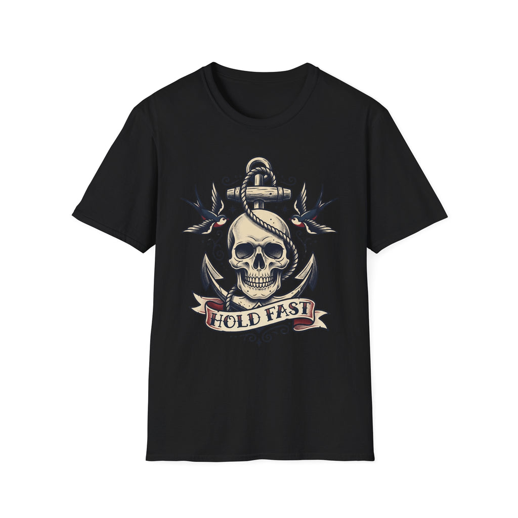 Black T-shirt with skull anchor tattoo graphic and “HOLD FAST” banner