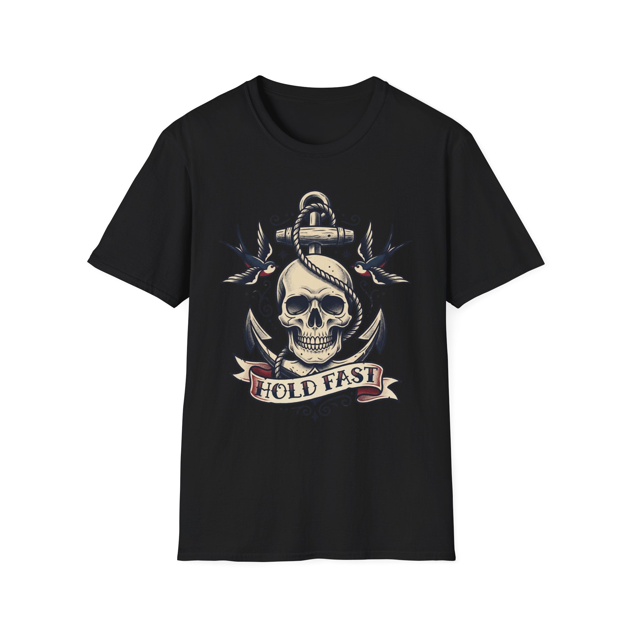 Black T-shirt with skull anchor tattoo graphic and “HOLD FAST” banner