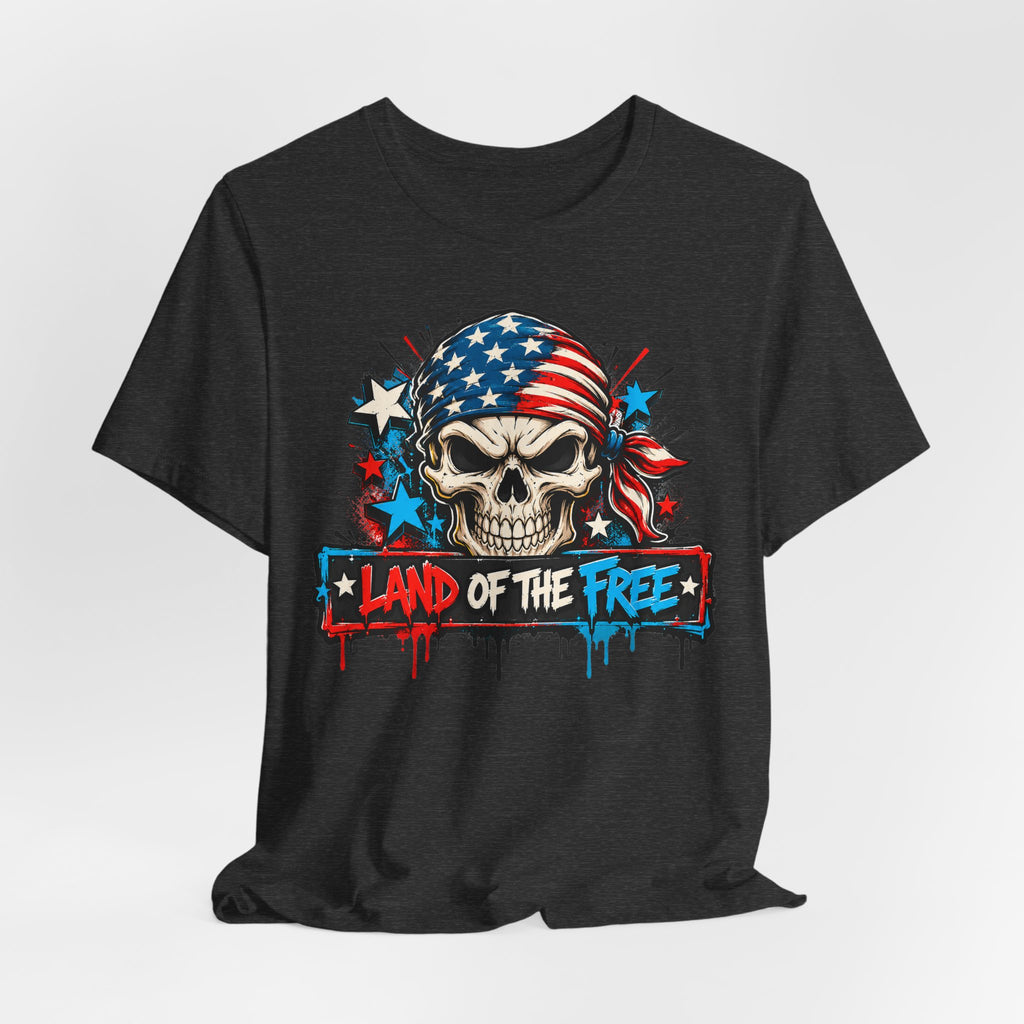 Black crew-neck T-shirt with patriotic skull and “Land of the Free” graphic.
