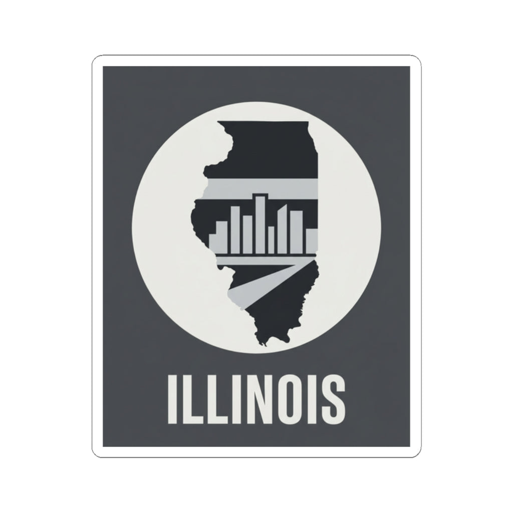 Illinois skyline outline sticker featuring circular map graphic and “ILLINOIS”