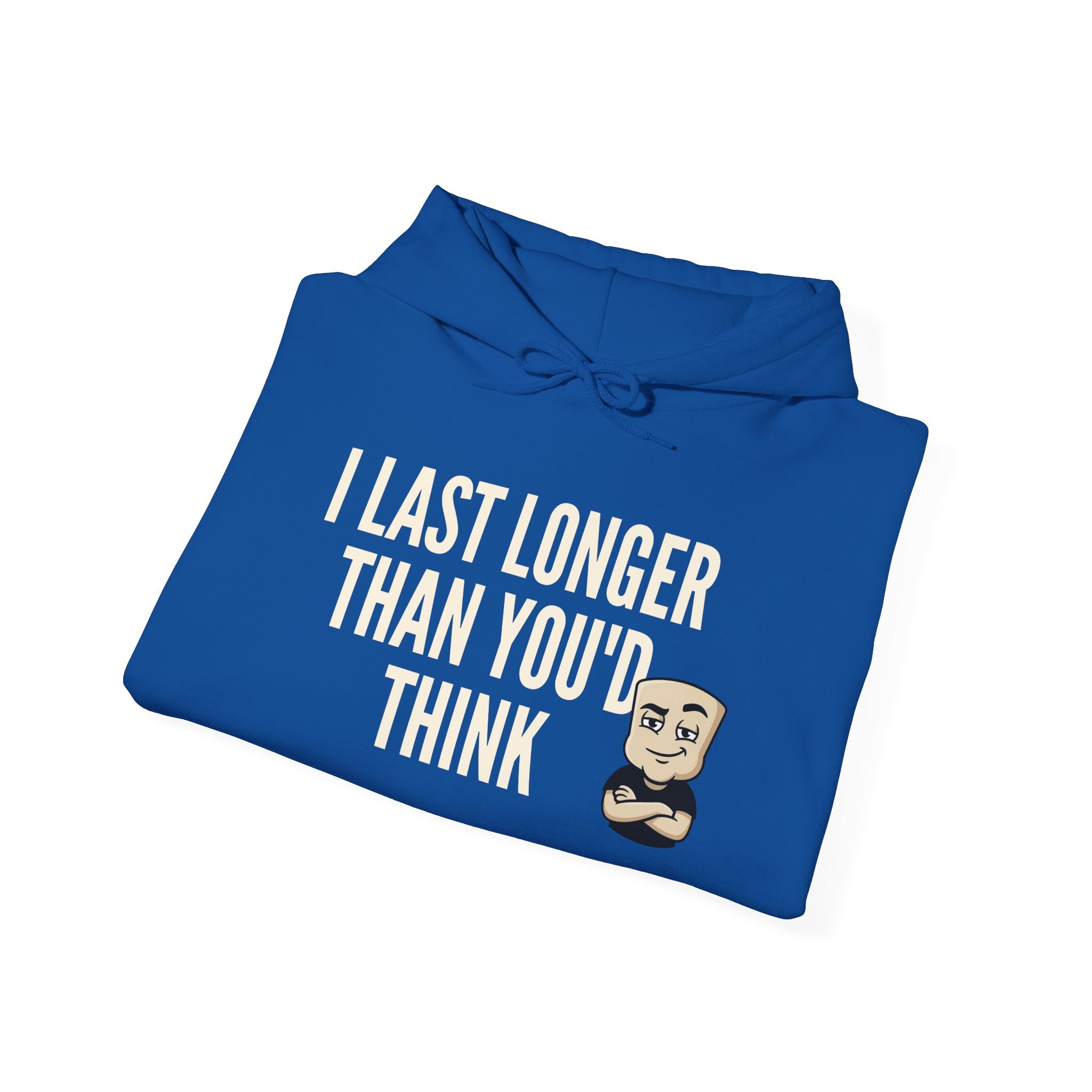 Royal blue hoodie with bold text graphic and cartoon bearded face