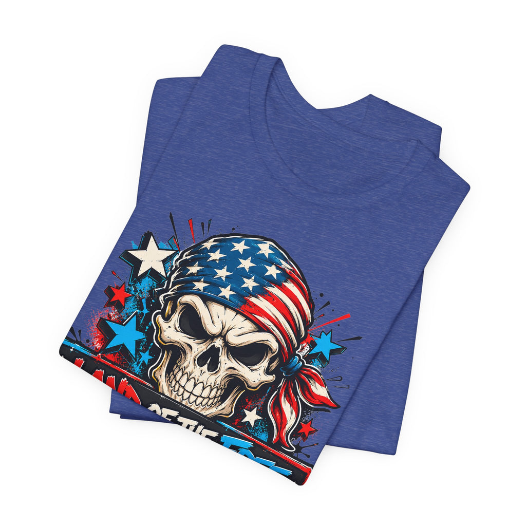 Blue crew-neck T-shirt with patriotic skull graphic and stars on front.