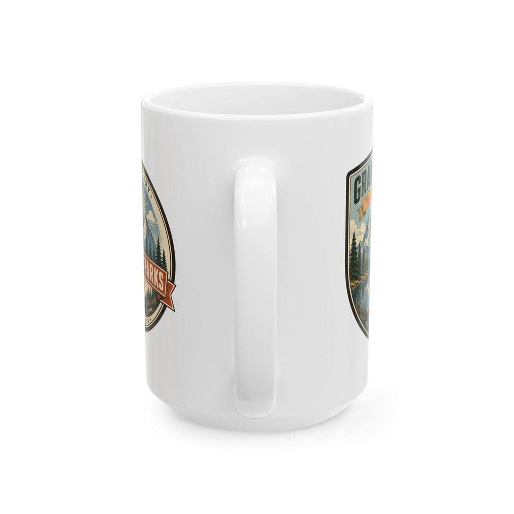 White ceramic mug side view with circular Grand Teton mountain graphic