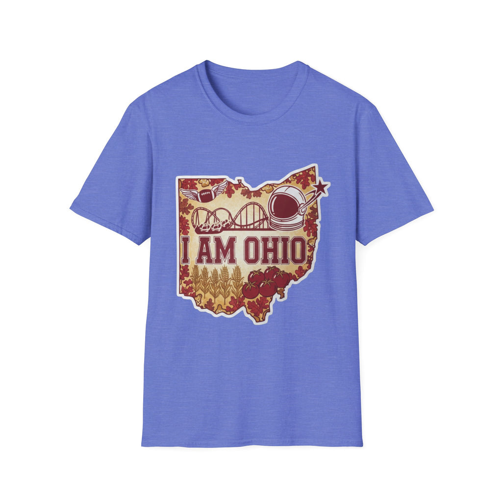I Am Ohio T-Shirt, blaues Shirt mit „I AM OHIO“ Karten-Outline und Wahrzeichen-Illustrationen