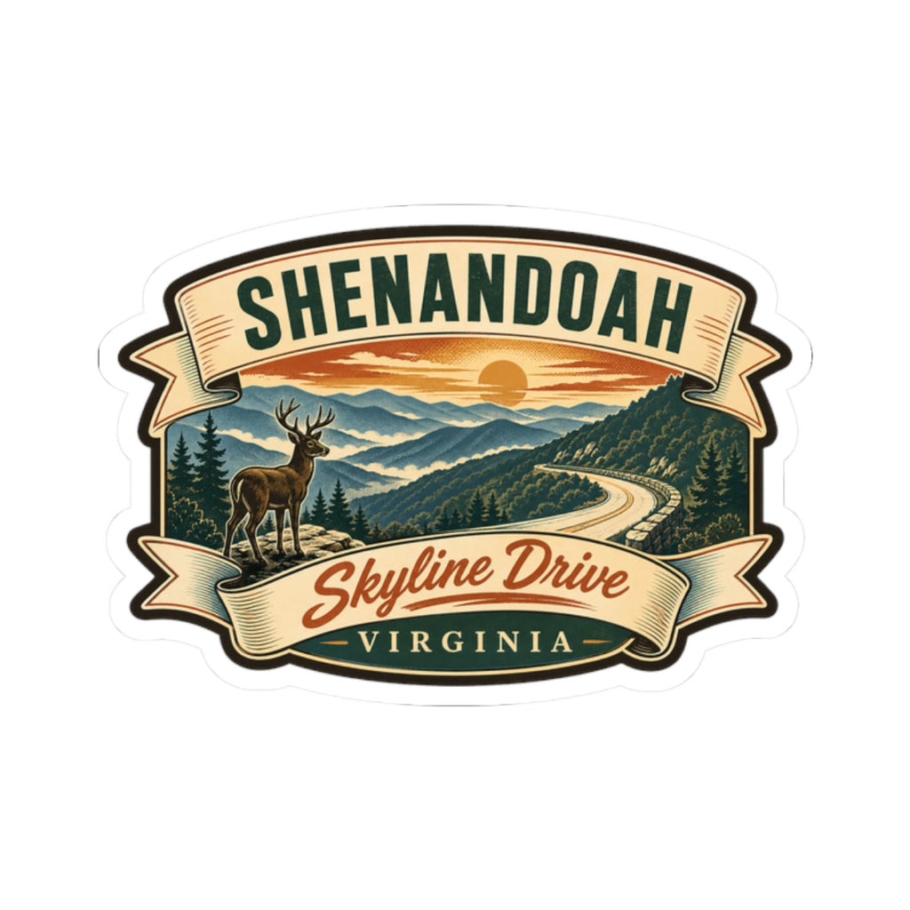 Shenandoah National Park travel sticker with deer, mountain landscape, Skyline Drive, Virginia