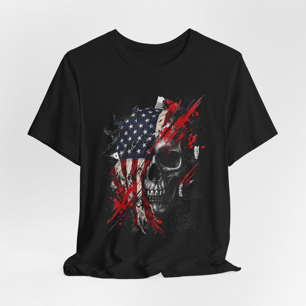 Black crew-neck T-shirt with skull and American flag splatter graphic