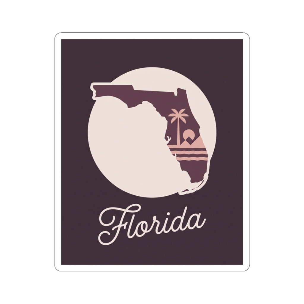 Florida silhouette vinyl decal sticker with 'Florida' script, mauve background, white outer cut line