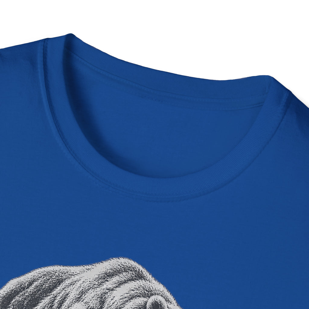 Blue crewneck t-shirt with partial grizzly bear graphic near chest