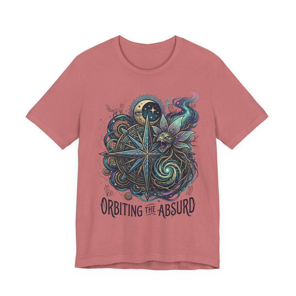 Dusty rose unisex T-shirt featuring celestial compass, owl-and-leaves graphic, “Orbiting the Absurd”