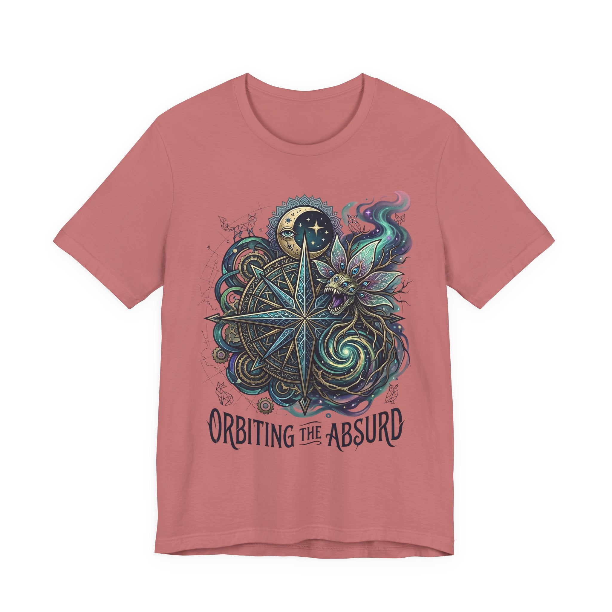 Dusty rose unisex T-shirt featuring celestial compass, owl-and-leaves graphic, “Orbiting the Absurd”