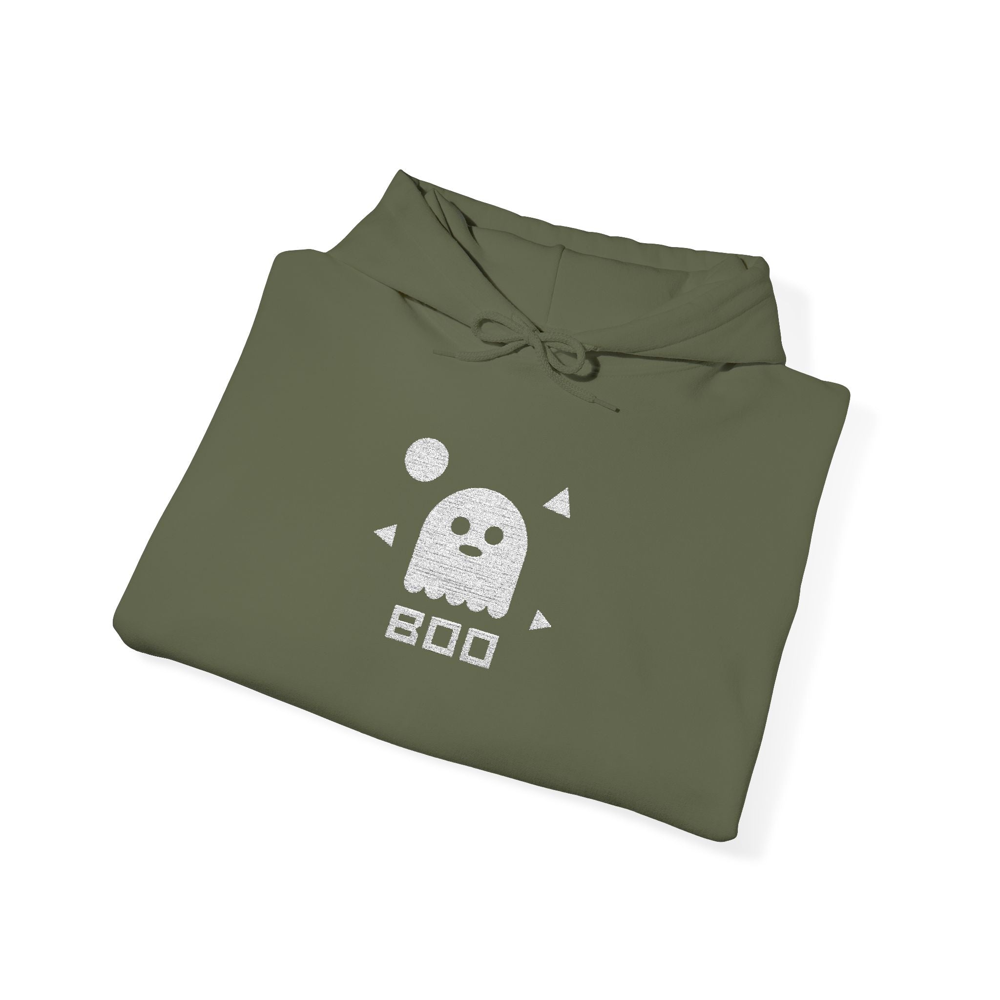 Olive green hoodie with white ghost BOO graphic on front, hooded pullover