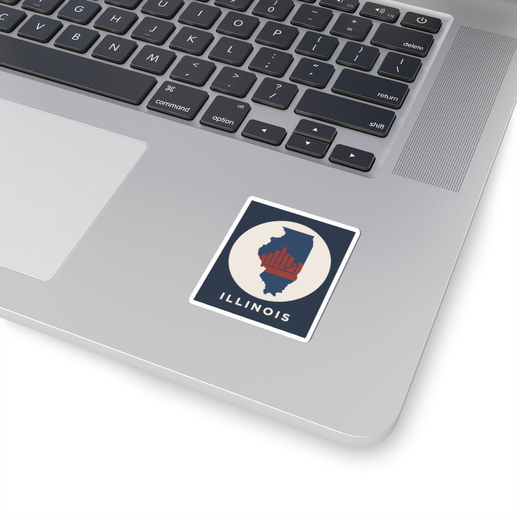 Illinois state map sticker with Chicago skyline in blue square