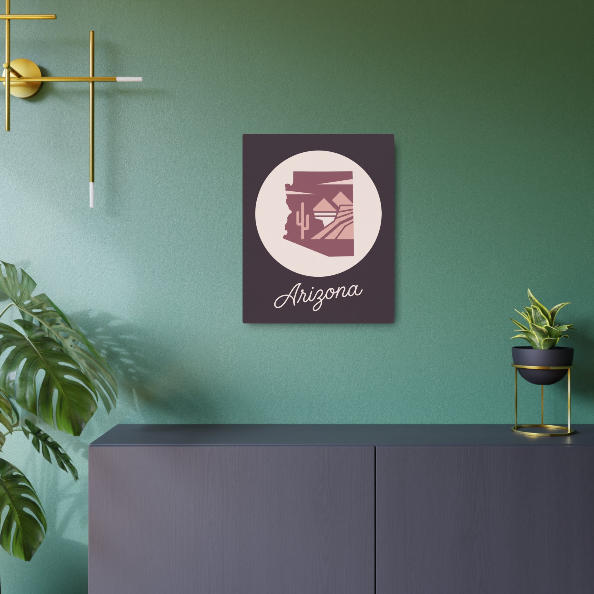 Mauve Arizona metal wall art sign featuring desert icon and “Arizona” script