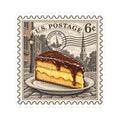 Scalloped stamp-style vinyl sticker depicting Boston cream pie slice with glossy brown icing and cream