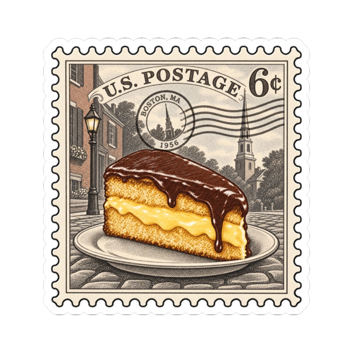 Scalloped stamp-style vinyl sticker depicting Boston cream pie slice with glossy brown icing and cream