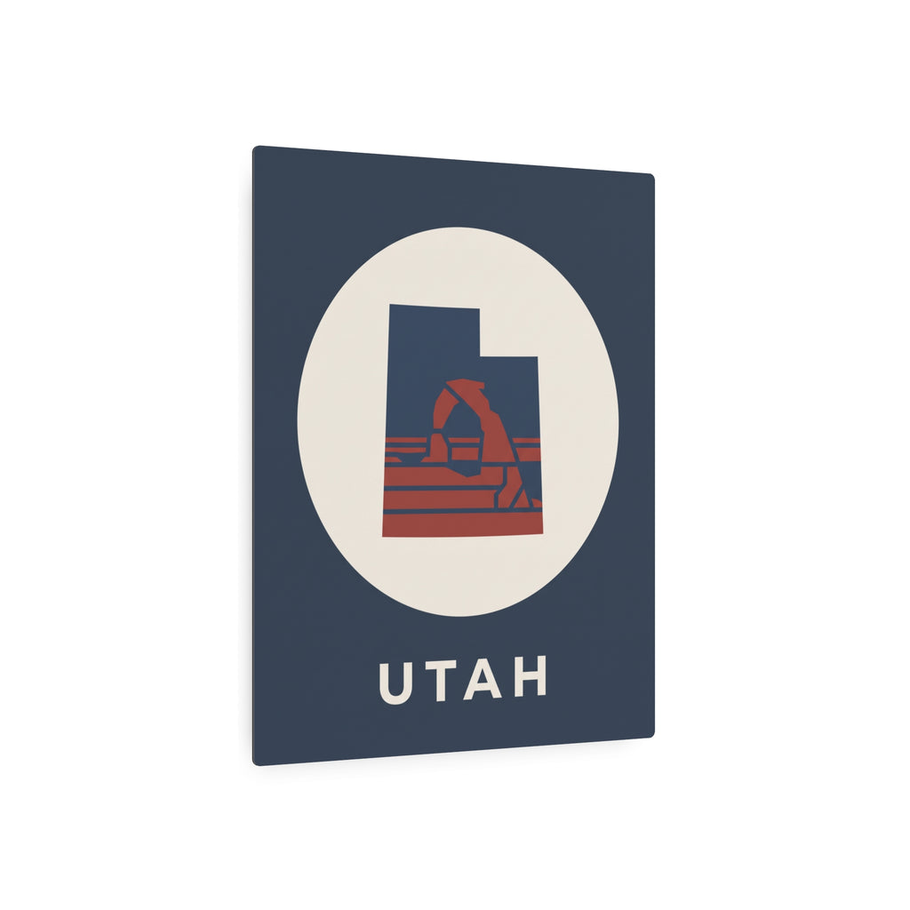 Utah metal art sign showing oval emblem with retro arch design and UTAH text