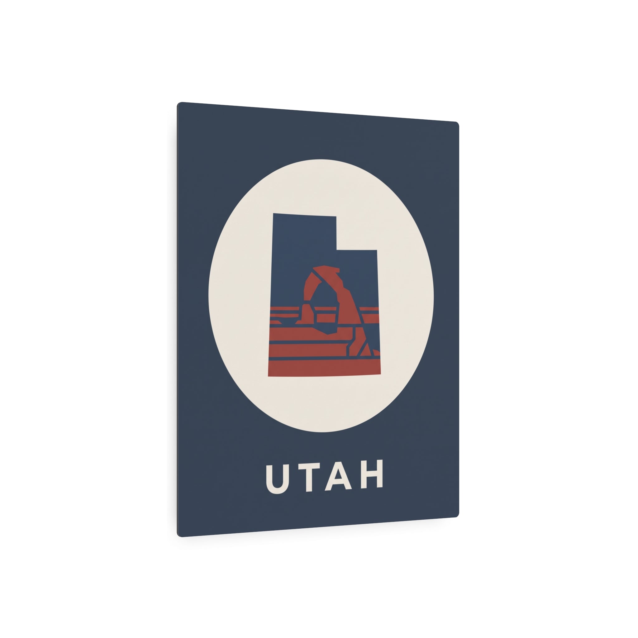 Utah metal art sign showing oval emblem with retro arch design and UTAH text