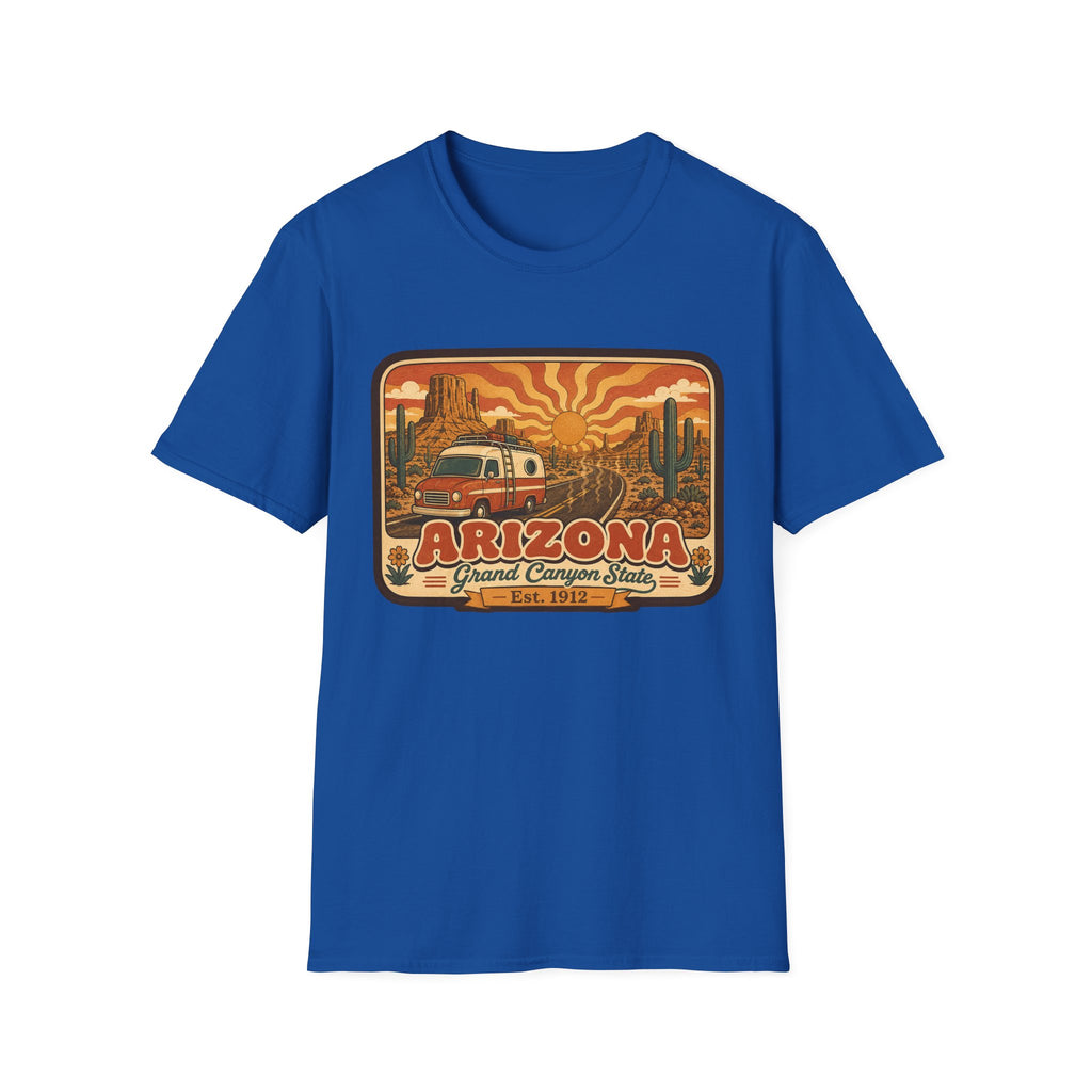 Men’s unisex royal blue T-shirt with Arizona graphic print featuring a camper and desert scene