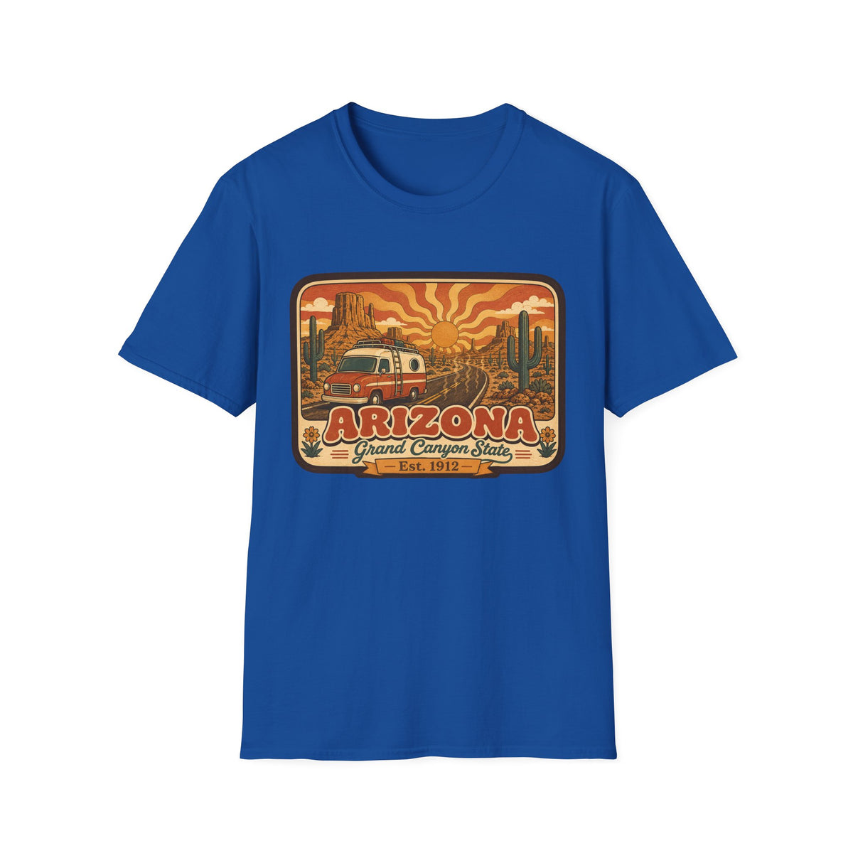 Men’s unisex royal blue T-shirt with Arizona graphic print featuring a camper and desert scene