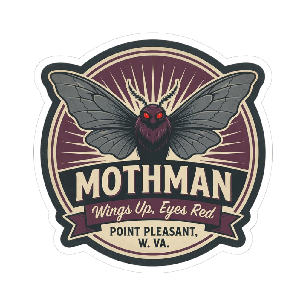 Mothman emblem kiss-cut sticker: round badge with dark wings, red eyes, star banner