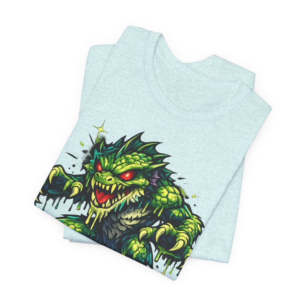 Light blue t-shirt set with green swamp monster illustration, short-sleeve crew neck