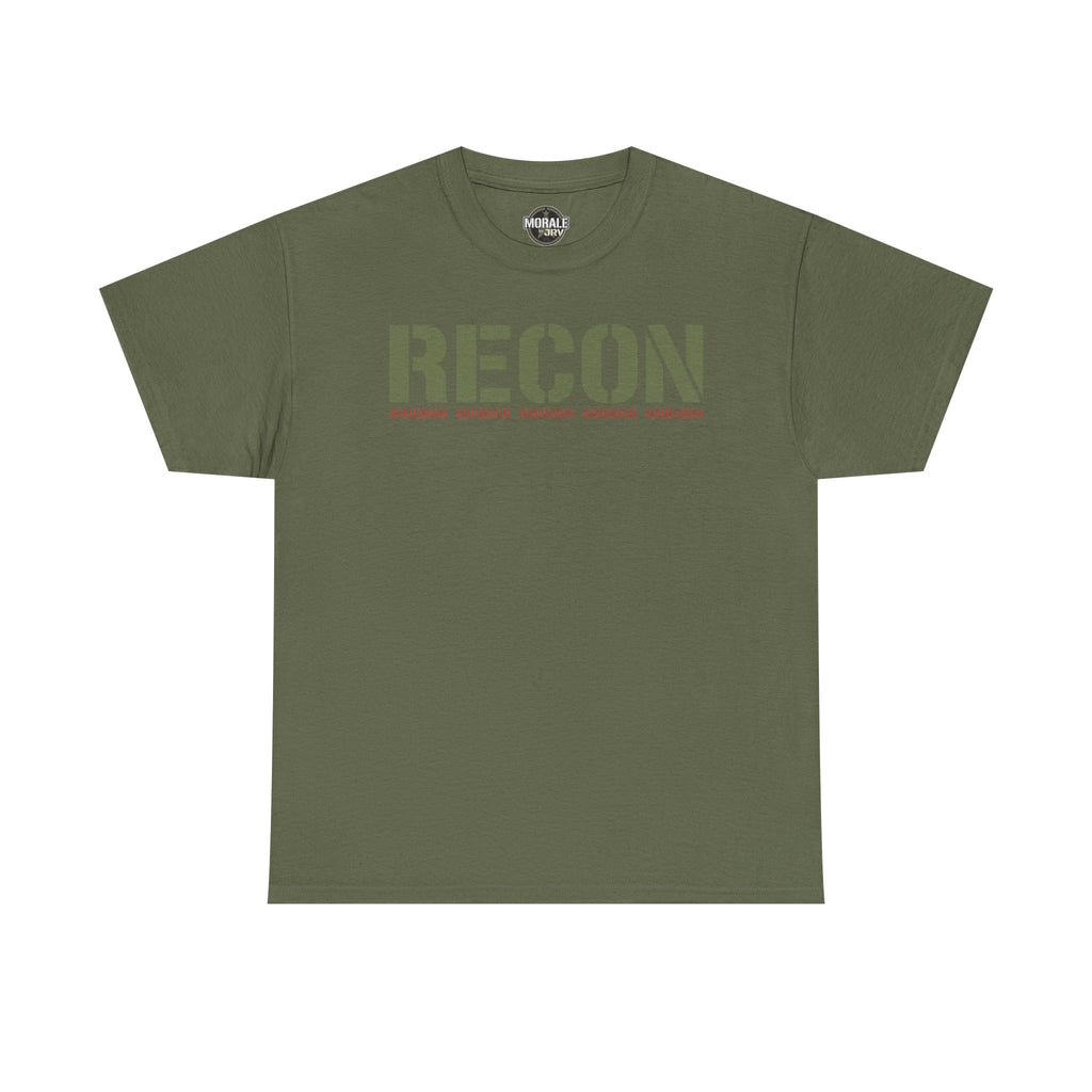 Olive green T-shirt with RECON stencil graphic and camo-style green lettering