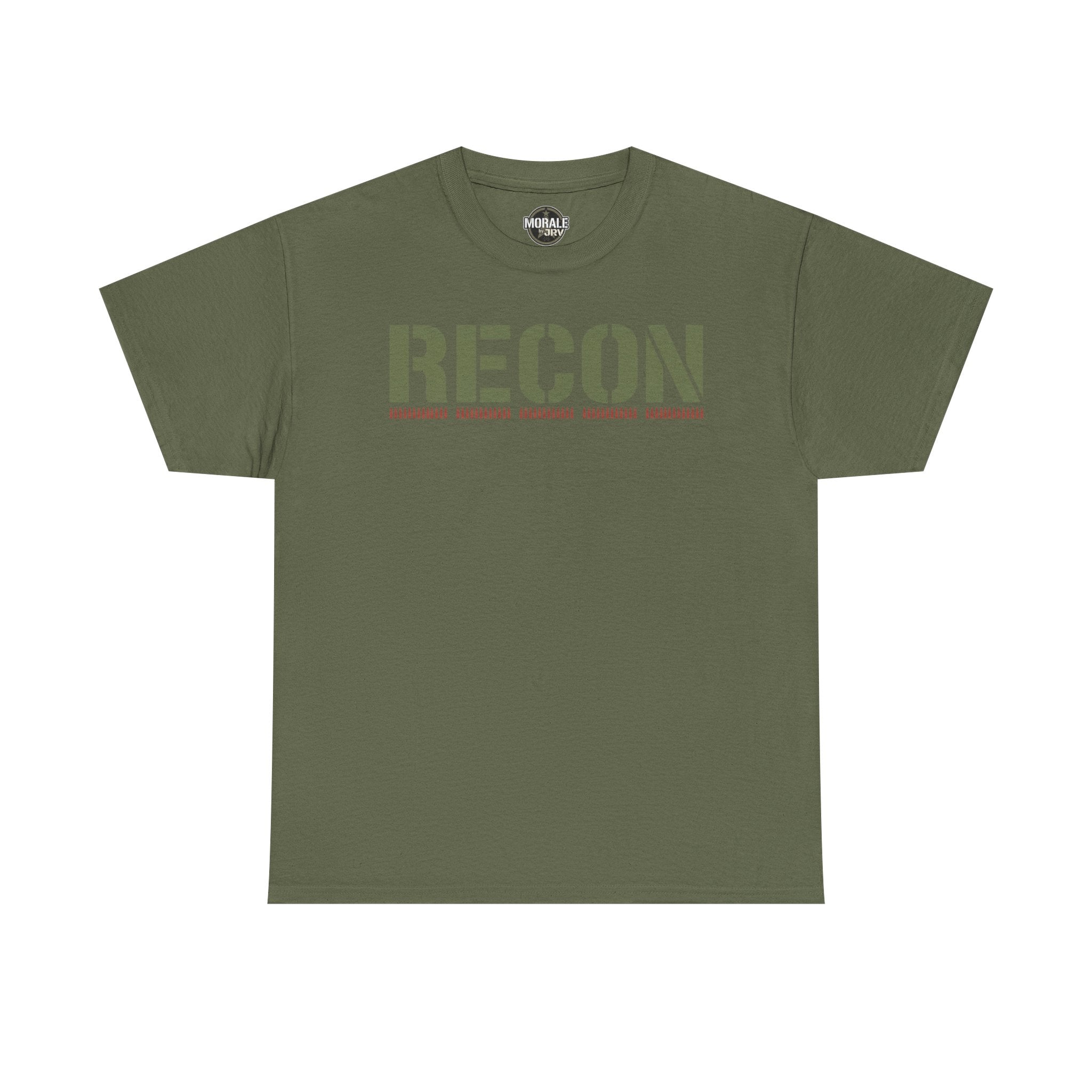 Olive green T-shirt with RECON stencil graphic and camo-style green lettering