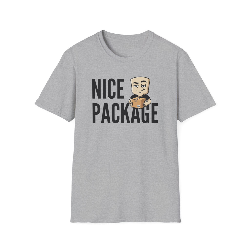 Sport grey T-shirt with 'NICE PACKAGE' graphic of a delivery worker holding a box