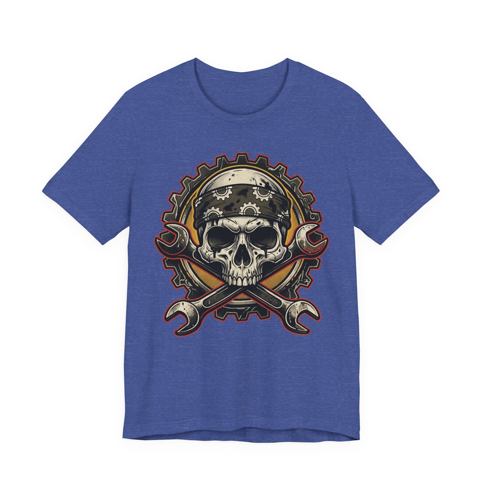 Blaues T-Shirt mit Biker-Schädel-Graphic mit Helm und gekreuzten Schraubenschlüsseln