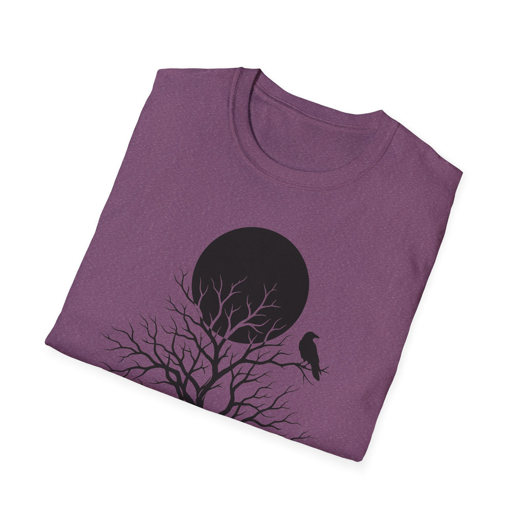 Dark Heather T-shirt with moonlit tree and raven silhouette graphic