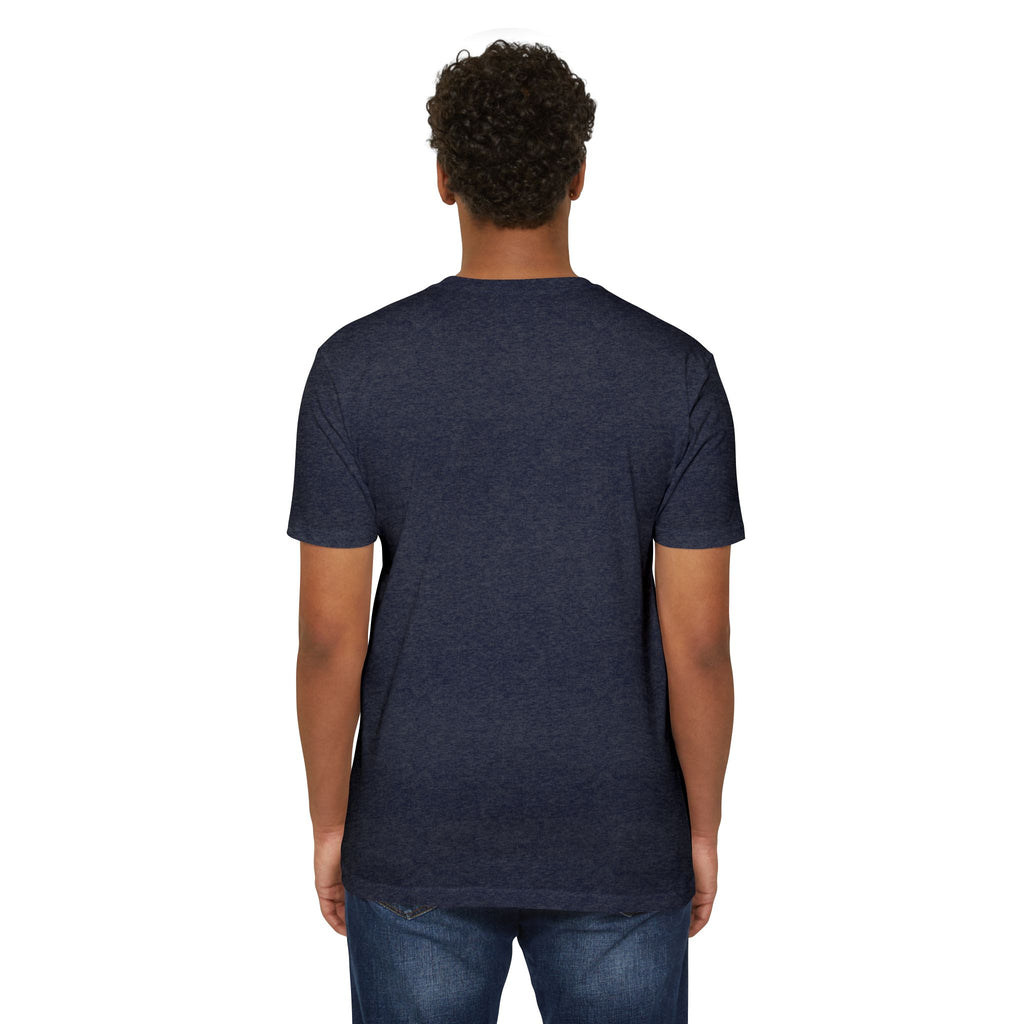 Dark heather crewneck t-shirt, back view with no visible front graphic