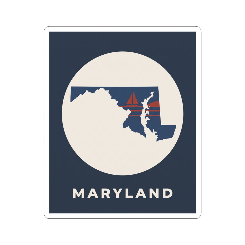 Square Maryland sticker with circular map design and sailboat motif, blue and cream colors
