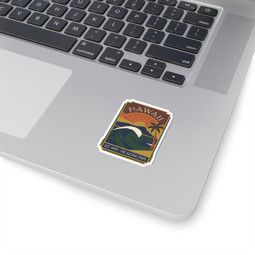 Square Hawaii surf sticker decal with wave, sun rays, and Est. 1959 text