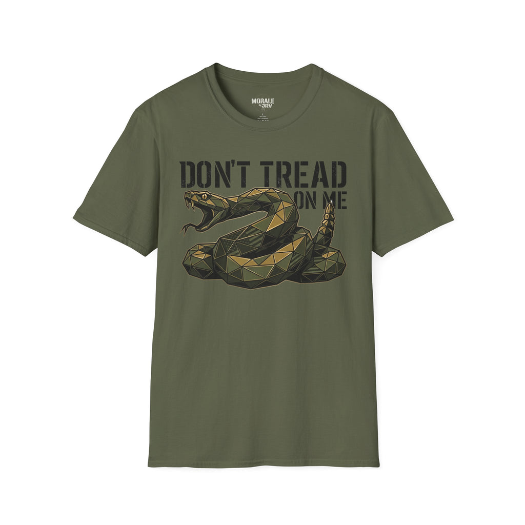 Military green T-shirt with coiled rattlesnake graphic and "DON’T TREAD ON ME" words