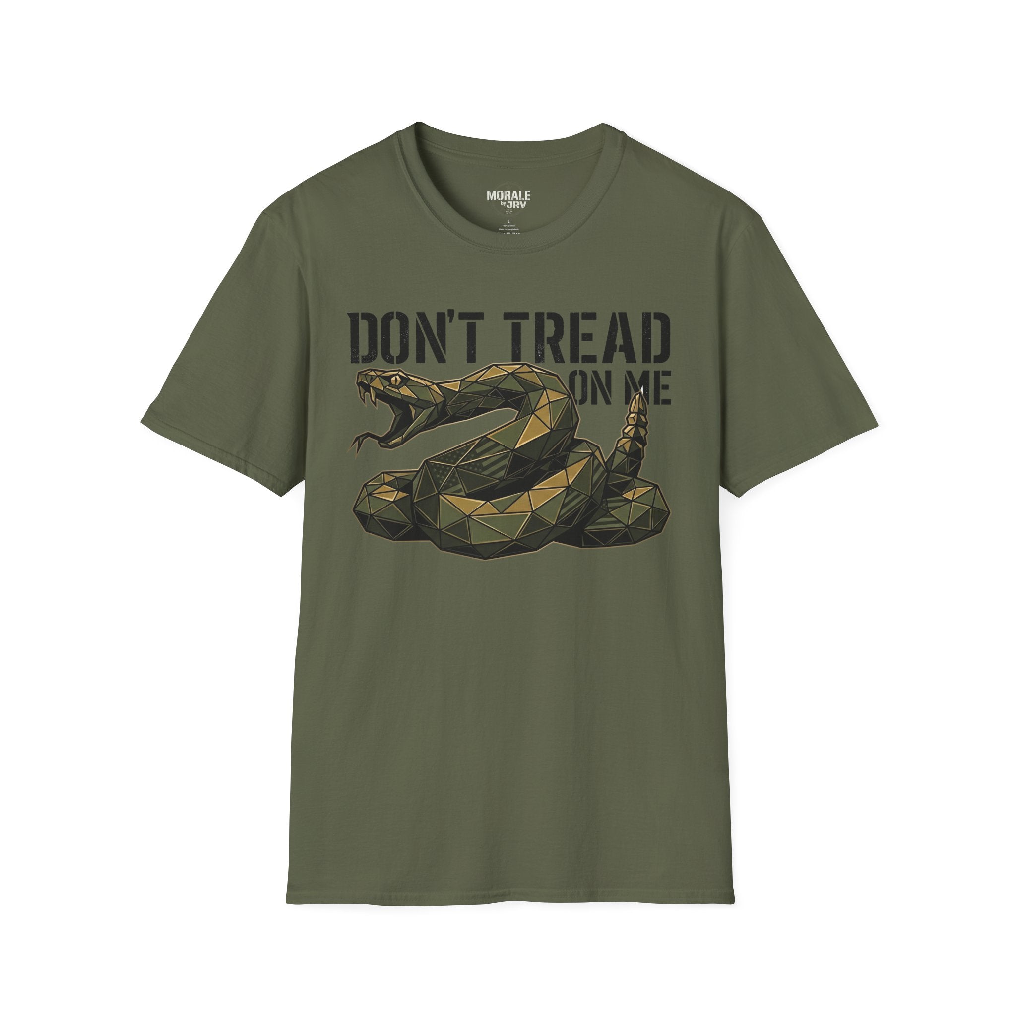Military green T-shirt with coiled rattlesnake graphic and "DON’T TREAD ON ME" words