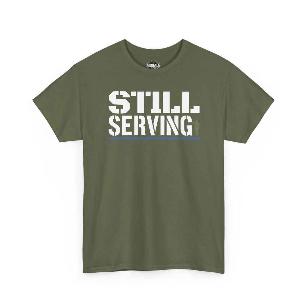 Military green crewneck t-shirt with “STILL SERVING” graphic