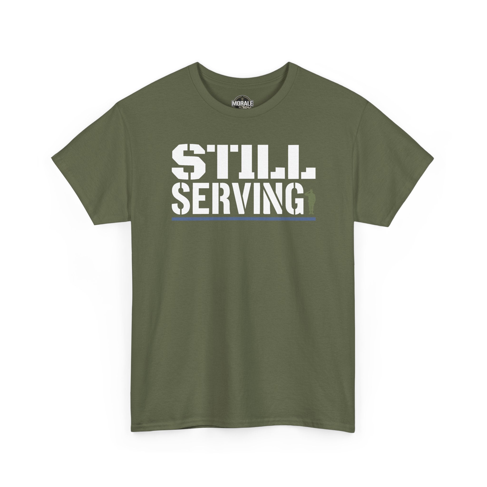 Military green crewneck t-shirt with “STILL SERVING” graphic