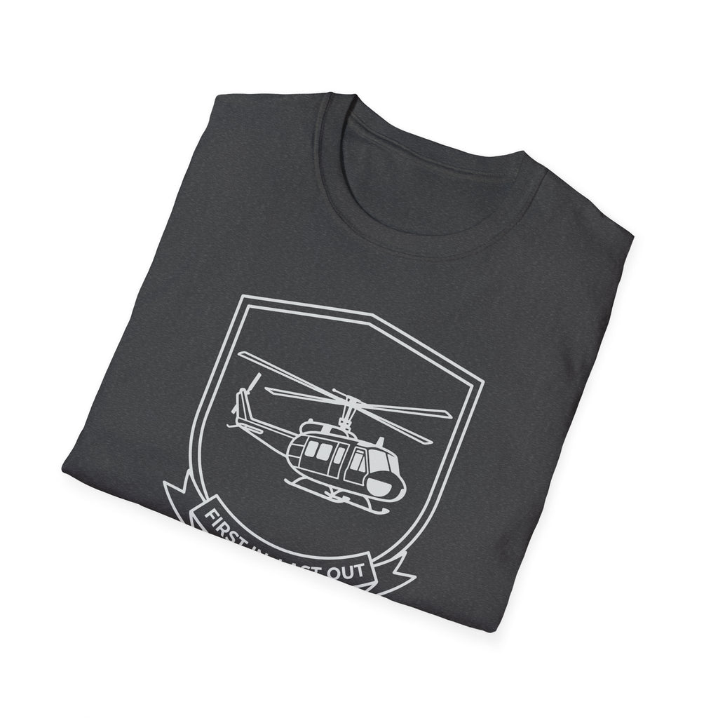 Dark heather rescue helicopter T-shirt with white helicopter emblem graphic on front