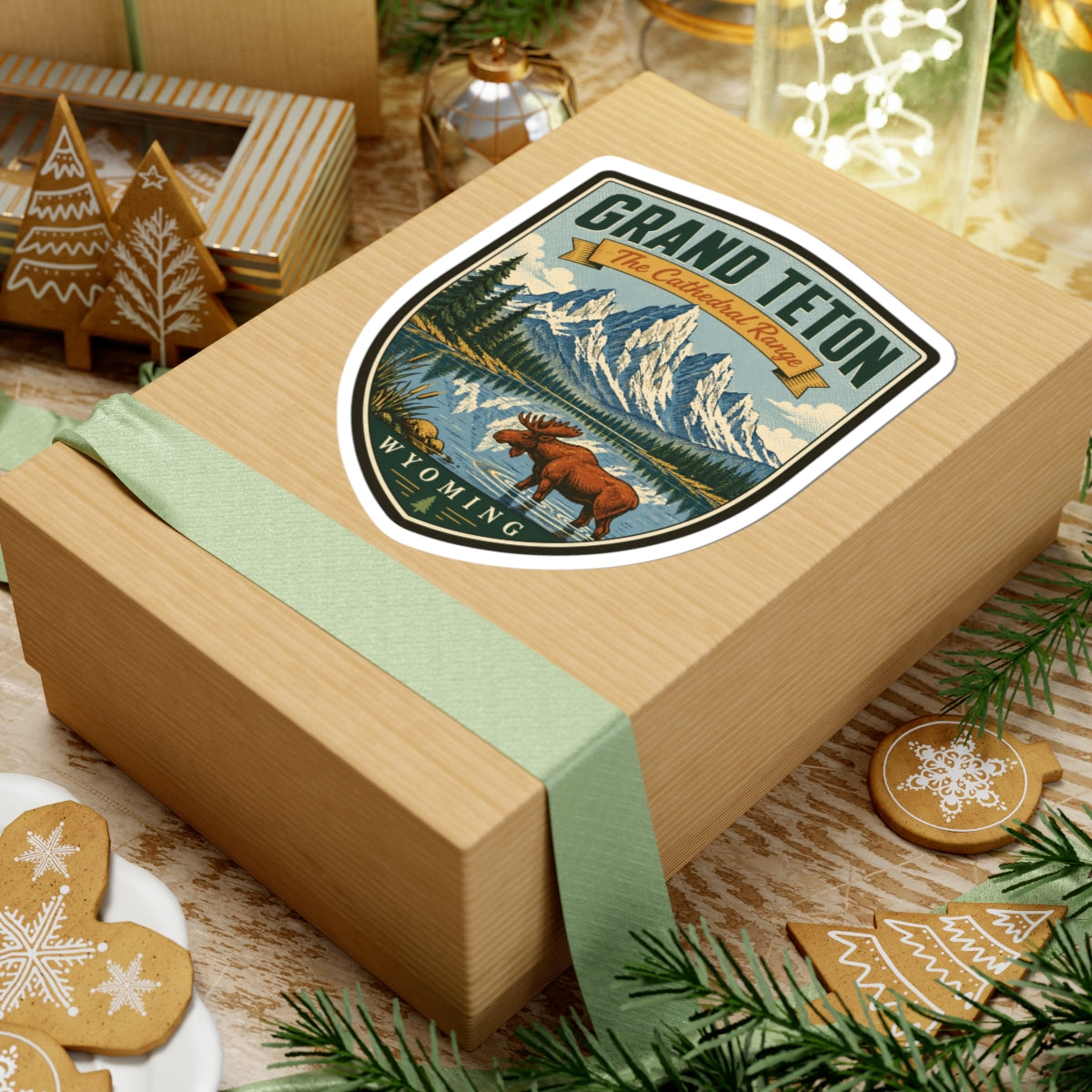 Shield-shaped travel sticker on a wrapped gift box, with moose, mountain peaks, lake scene, Wyoming.