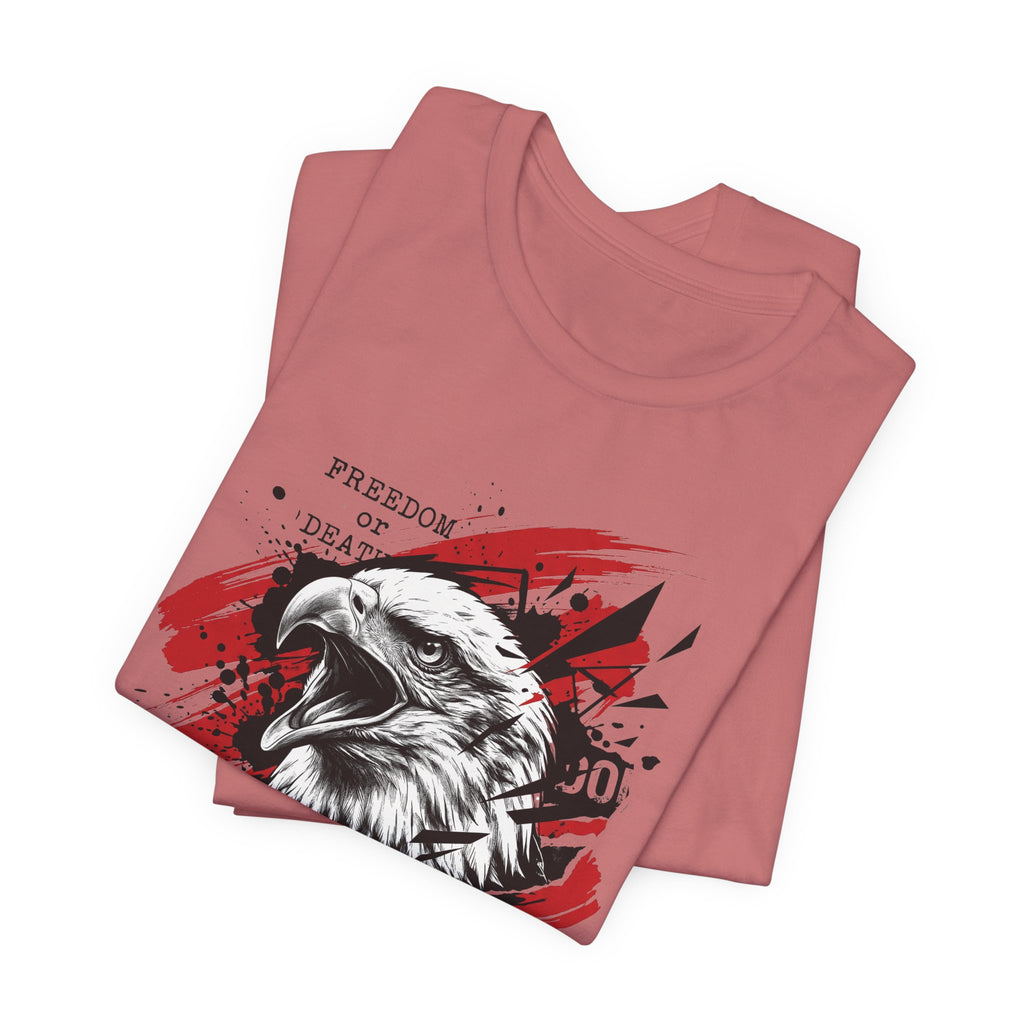 Dusty rose graphic t-shirt with eagle head and red splatter print