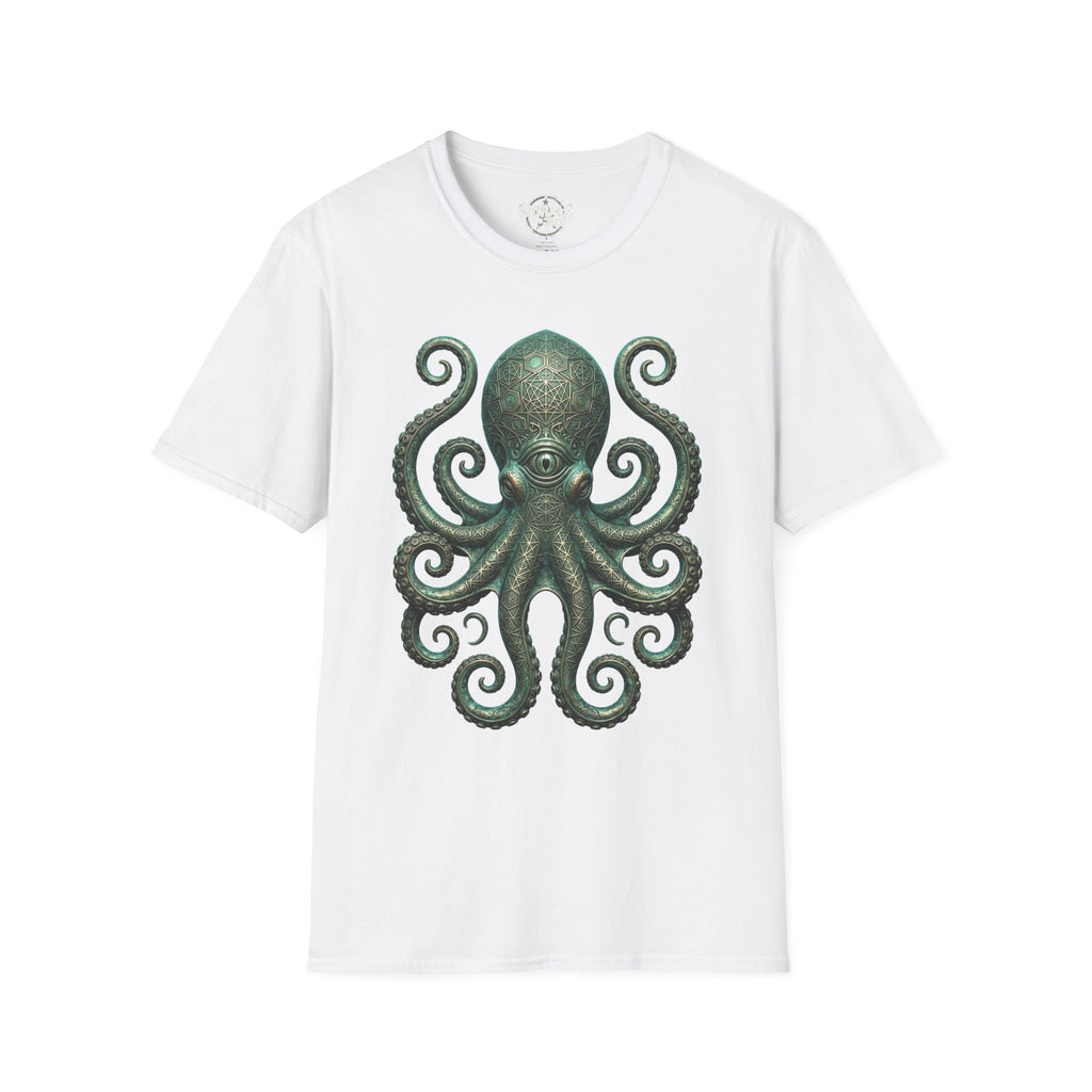 Kraken-Octopus T-Shirt (Vintage) auf weißem Stoff, grünes Printmotiv vorne