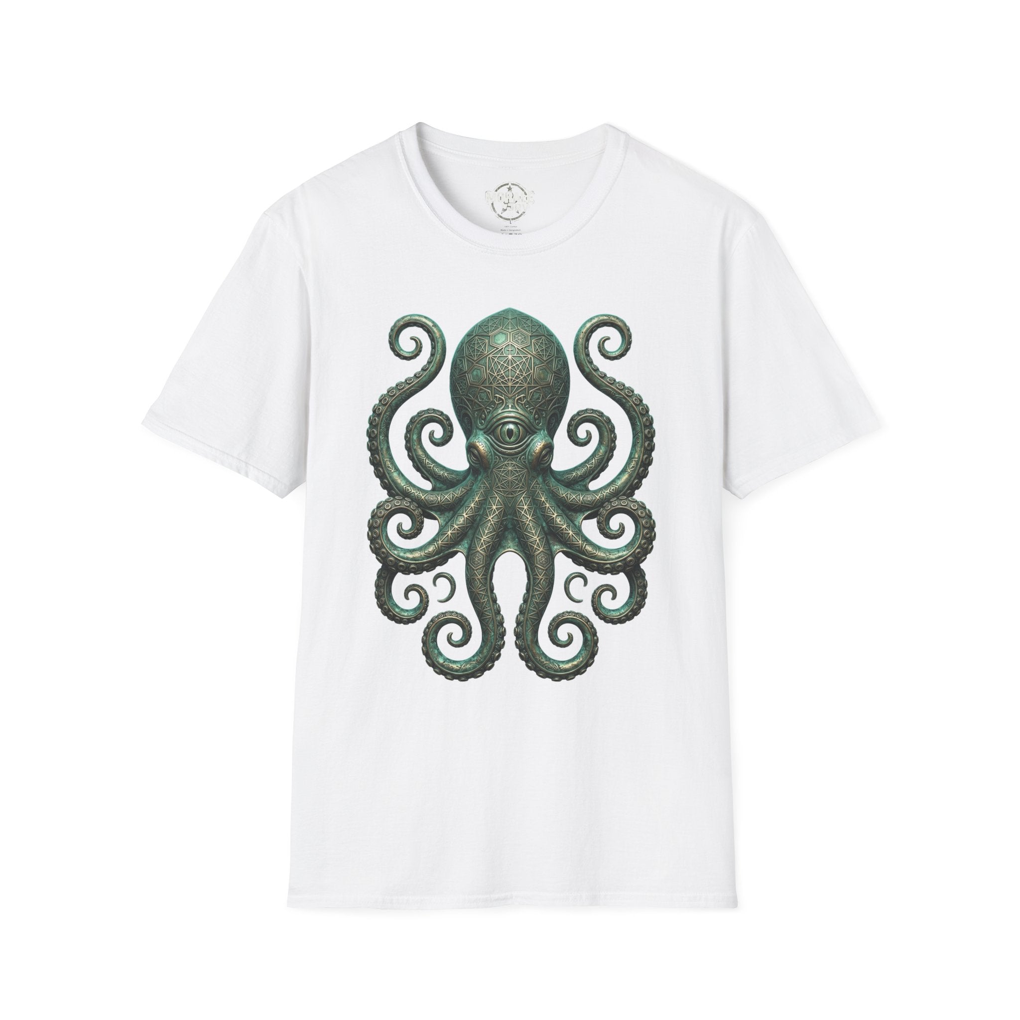 Kraken-Octopus T-Shirt (Vintage) auf weißem Stoff, grünes Printmotiv vorne