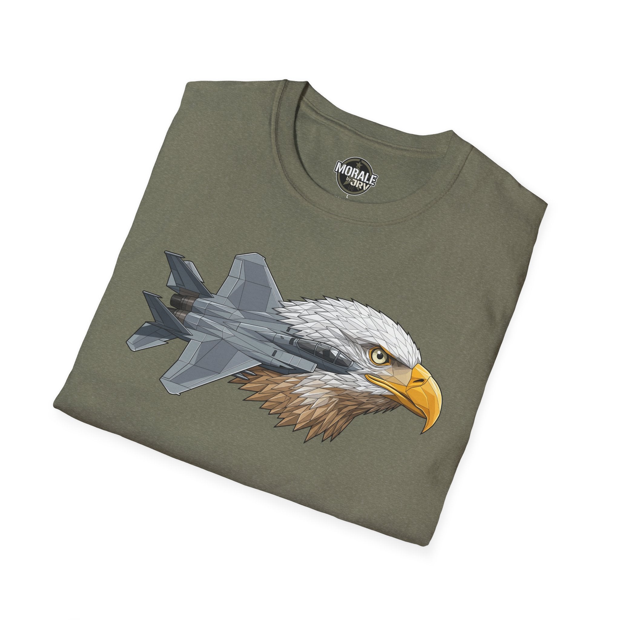 Heather Military Green T-Shirt with eagle head and fighter jet graphic